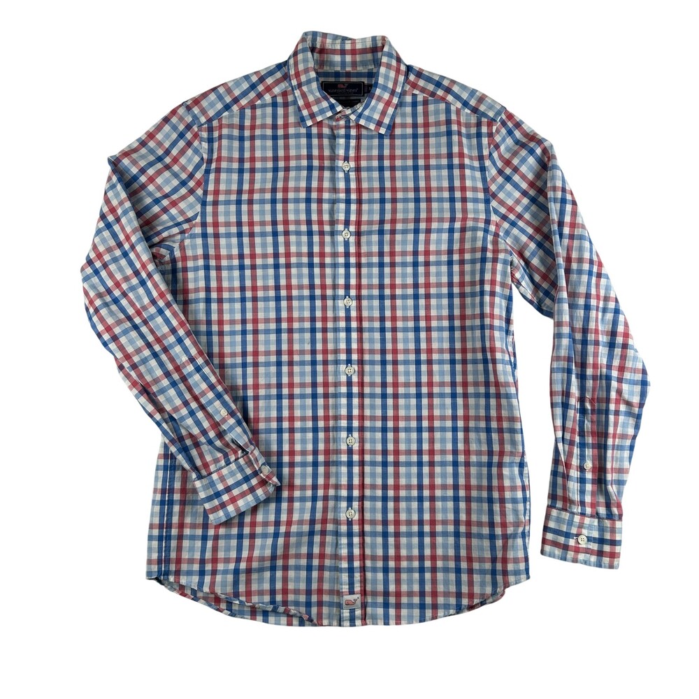 Vineyard Vines Cooper Shirt Mens Small Blue Red Check Stretch Long Sleeve Button